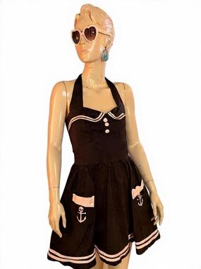 Vintage style pinup Black Halter Sailor Dress with skull Anchor Pockets